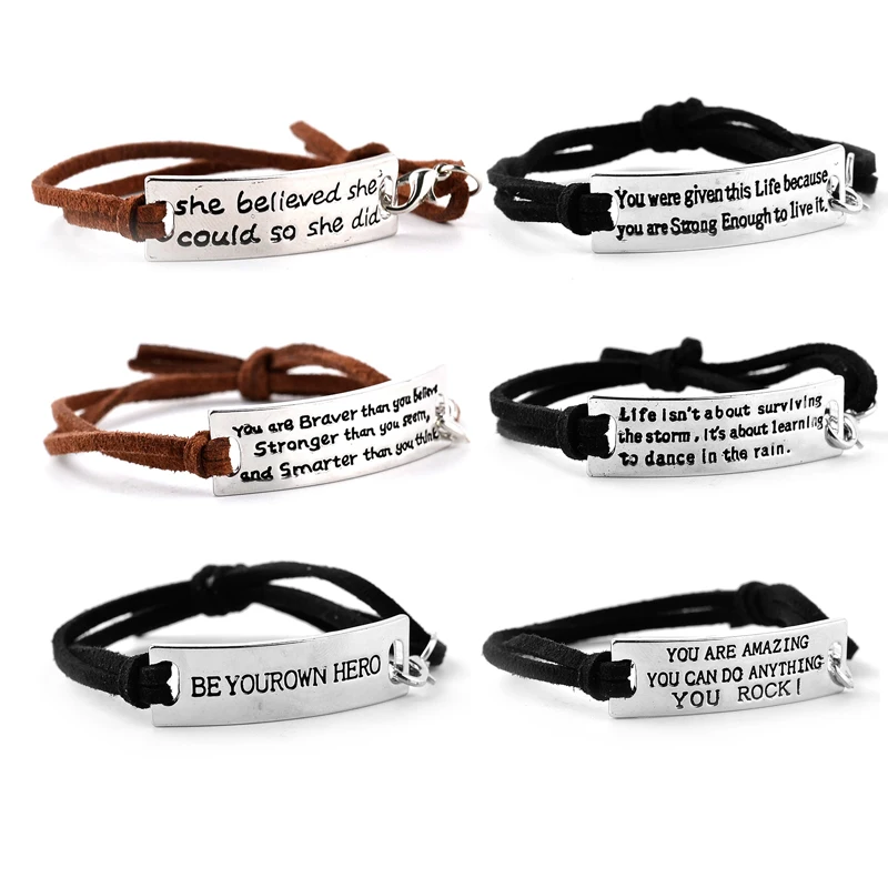 

She Believed She Could So She Did Bracelets Simple Round message reminder Bangles Leather inspiring Bracelet encourage chain