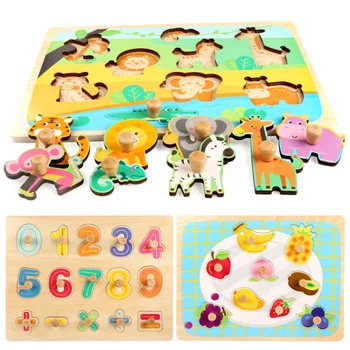 

1 Set Wooden Baby Toy Montessori Puzzle Hand Grab Board Set Educational Wooden Toy Cartoon Vehicle Kitchen Animal Puzzle D22