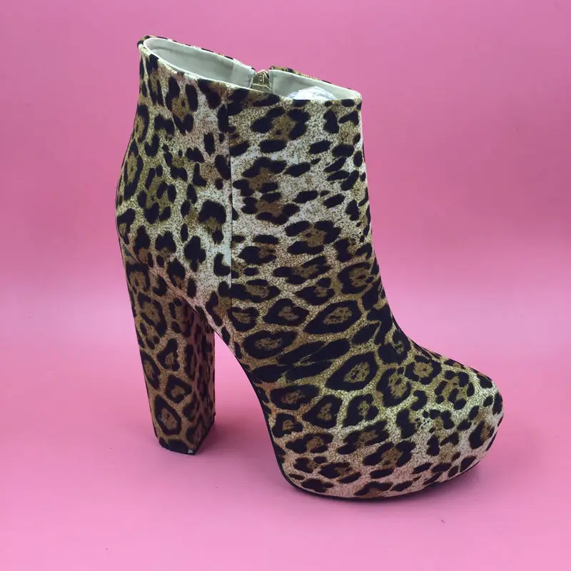 

Leopard Women Boots Short Faux Leather Winter Short Boots Square High Heels Pointed Toe Made-to-order Plus Size Shoe Side Zipper