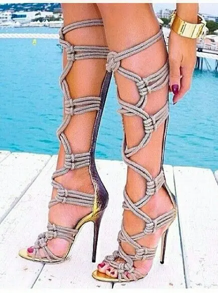 Хит продаж 2019 босоножки с вырезами на шнурке летние сапоги до колена открытым