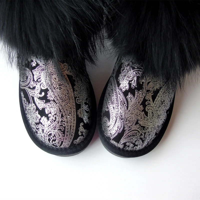 G&Zaco Black Fox Fur Snow Boots Flat Silver Printing Cowskin Ankle Boots Genuine Leather Short Women's Shoes Natural Fur Boots Women's Shoes