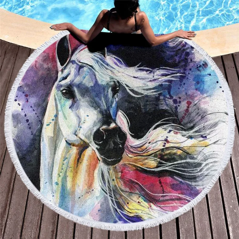 

Art Horse Colorful Painting Women Bath Towel for Beach Thick Round 3d print Fabric Quick Compressed Towel new style-6