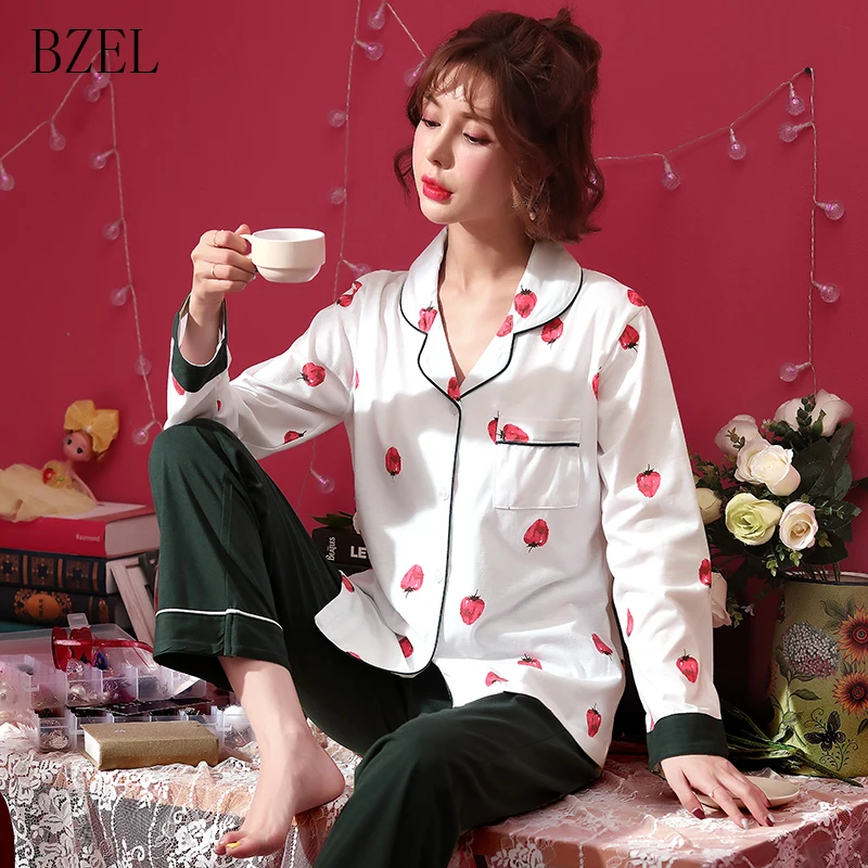 

BZEL Women Lovely Wear Leisure Clothes Personality Strawberry Autumn Long Sleeved Pajamas for Women Pyjamas Sets Nightwear M-3XL
