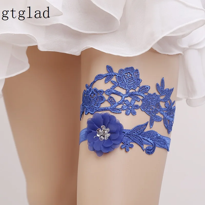 

Wedding Garters Rhinestone Lace Blue Embroidery Floral Sexy Garters 2pcs set for Women/Bride Thigh Ring Bridal Leg Garter