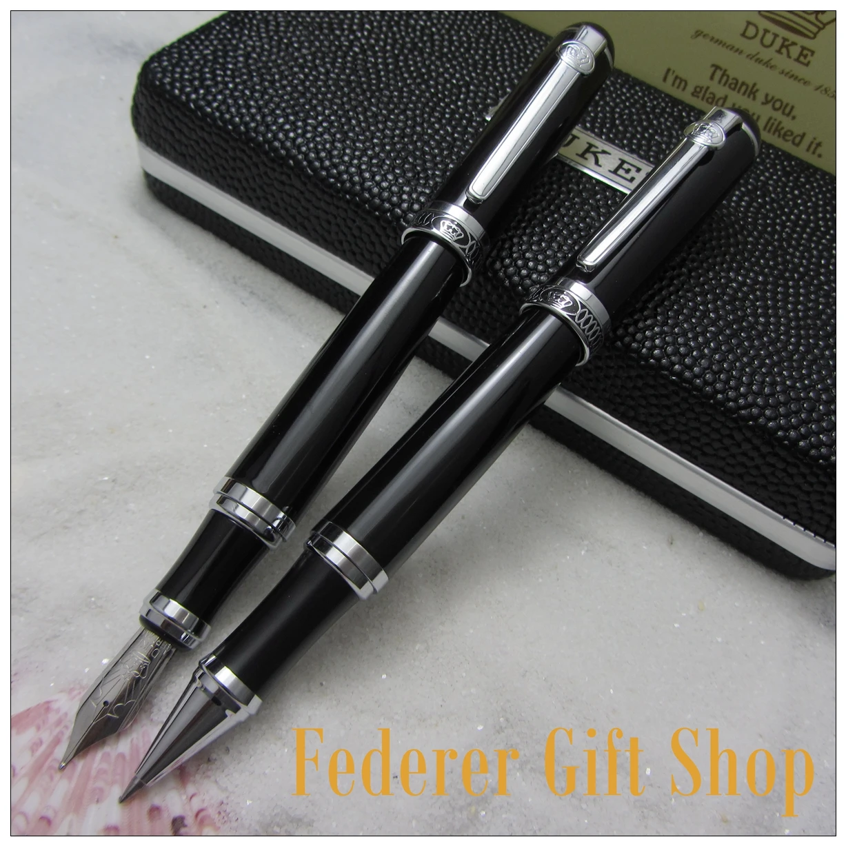 2 adet set duke d2 beyefendi siyah ve gumus m nib dolma kalem ve tukenmez kalem ile siradan hediye kutusu