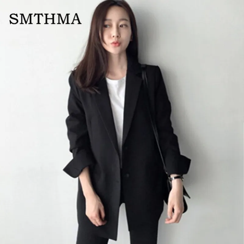 

SMTHMA 2019 New High Quality Runway Single Breasted Black Casual Blazer Notched Collar Women Long Sleeve Blazers Feminino