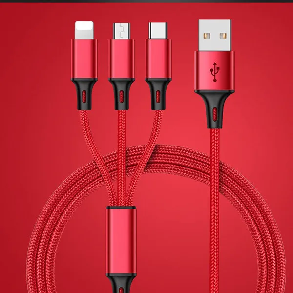 NOHON нейлон 3 в 1 Micro usb type-C зарядное устройство кабели для samsung Xiaomi освещение зарядный кабель 8 Pin для iPhone 7 8 6S Plus X XS - Цвет: Красный