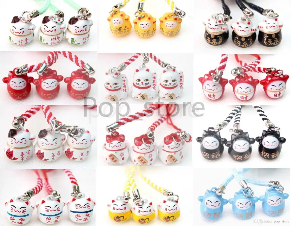 

Factory direct selling 100 pcs Various Color Cute Maneki Neko Lucky Cat Bell Mobile Cell Phone Charm