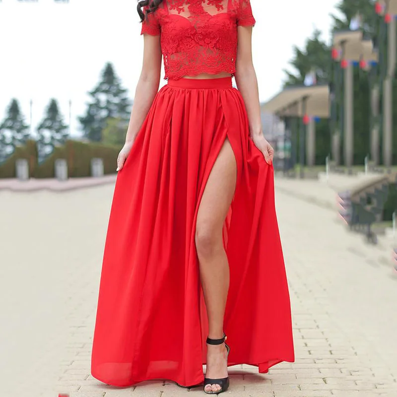 Red Sexy Chiffon Women's Skirts Side Split Floor Length Custom Made ...