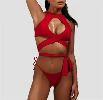 

2019 Women Sexy Bandage Swimwear Bikini Sets Hollow Sleeveless Push-up Padded Bra Top+Lace Up Triangle Set Bathing Suit 3Colors
