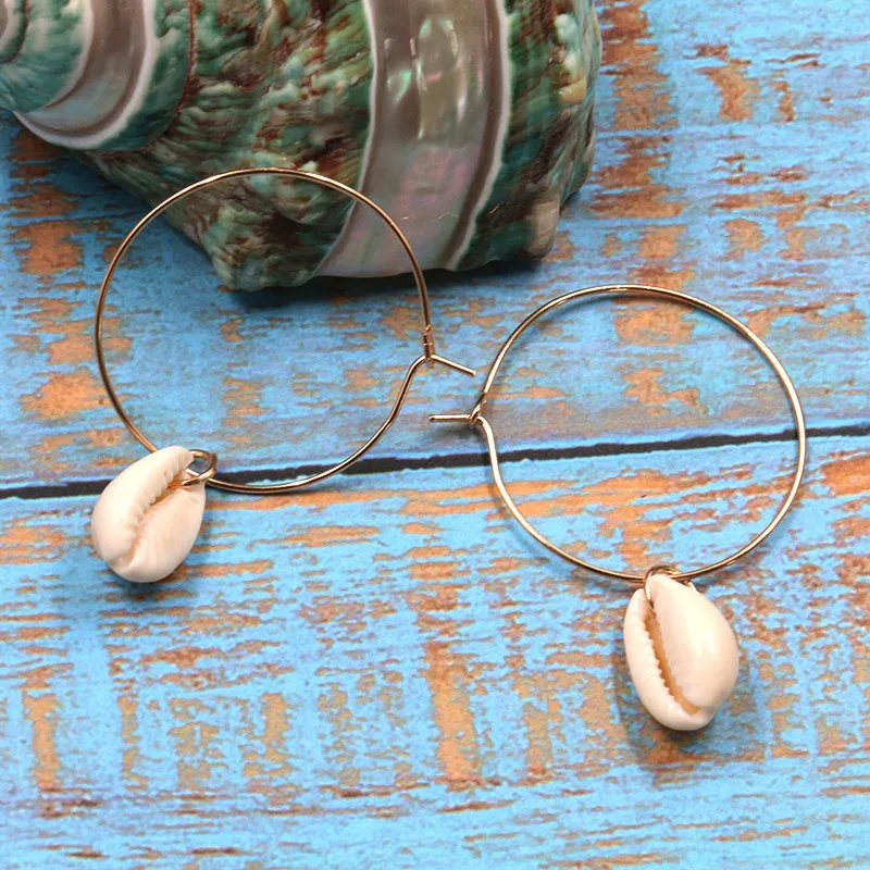 

Shell Pendant Hoop Earrings Gold Color Statement Earrings Women Irregular Geometric Circle Hoop Earring Cowrie Pendant Brincos