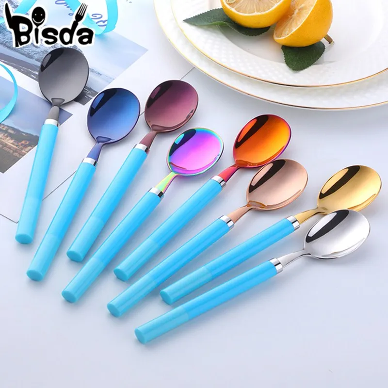 

2 Pcs Dinner-spoons Korean Style stainless steel Dessert Spoon for Ice Cream Tea Coffee PP Handle Soup Scoop Kitchen Tools
