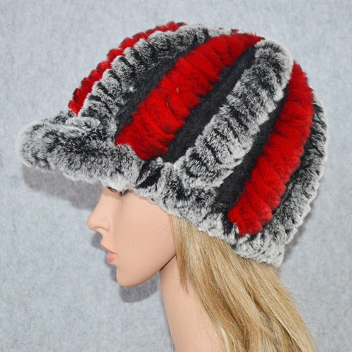 gray and red Настоящий мех кролика шапка для женщин зимние вязаные настоящие натуральные шапки из меха кролика рекс бренд леди теплые повседневные шапочки оптом и в розницу - Цвет: gray and red