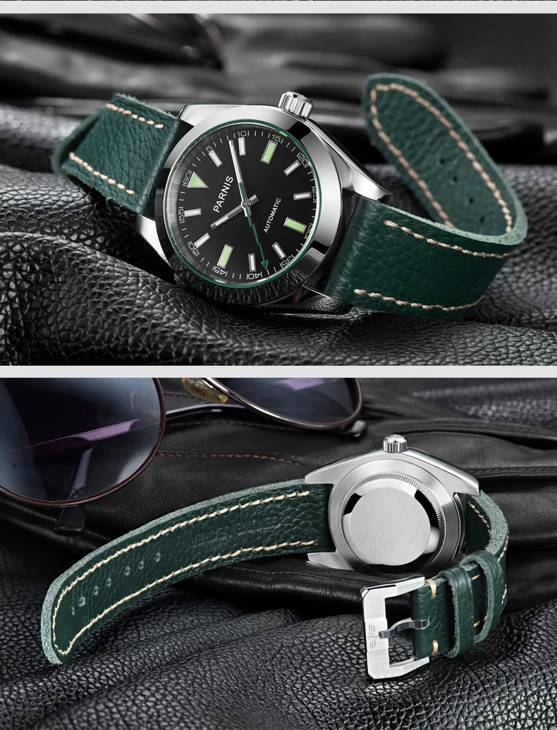 Модные 40 мм Parnis механические мужские часы с автоматическим подзаводом сапфировое стекло зеленая кожа Miyota 8215 мужские часы мужские часы бренд