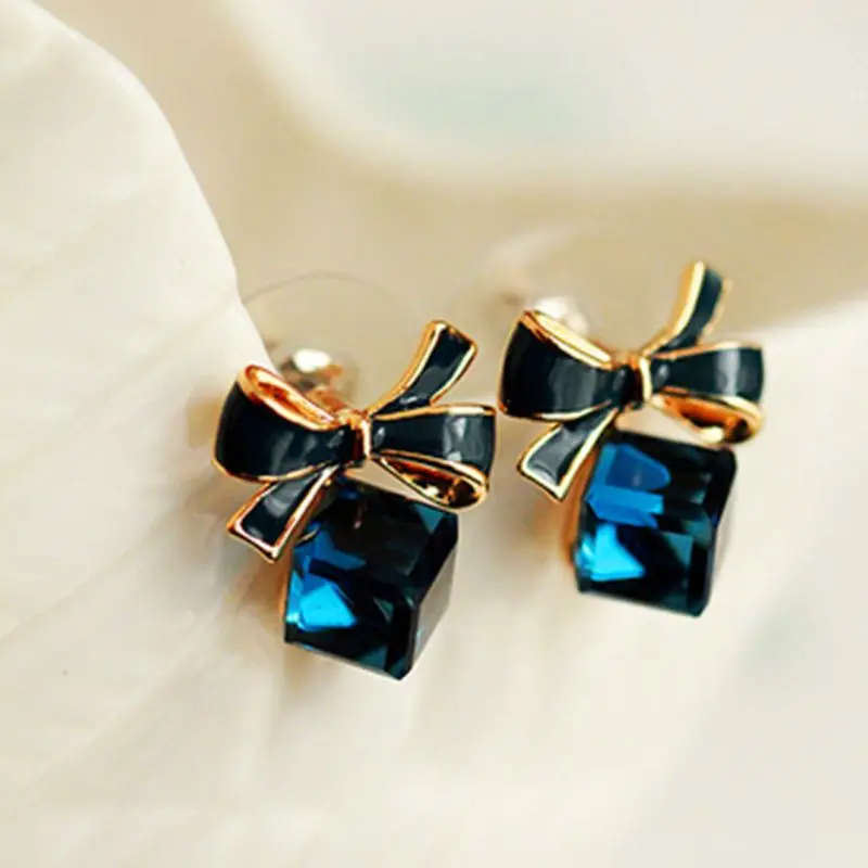 

Crystal Blue Water Cube Box Bowtie Stud Earrings For Women Fashion Jewelry