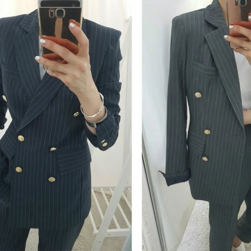 Women suits office sets trouser suits High-quality office striped double-breasted suit suit Pants suit ladies coat two-piece