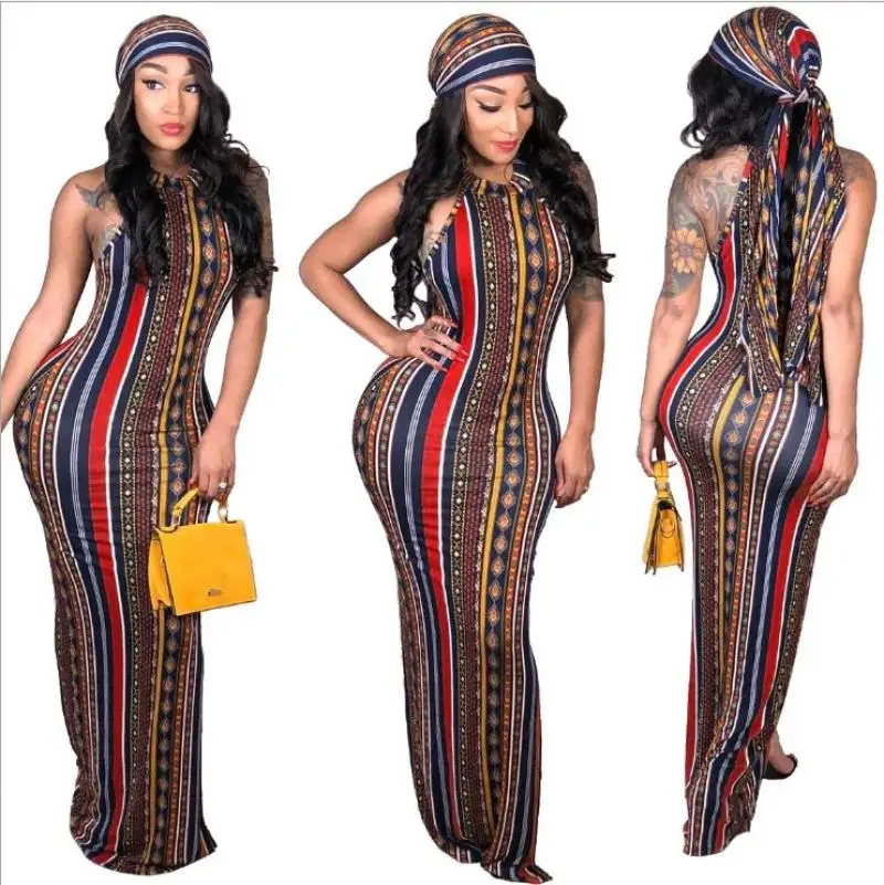 

Free shipping for women in the new 2018 African suit and sexy stripes Bohemian print dress (including headscarf)