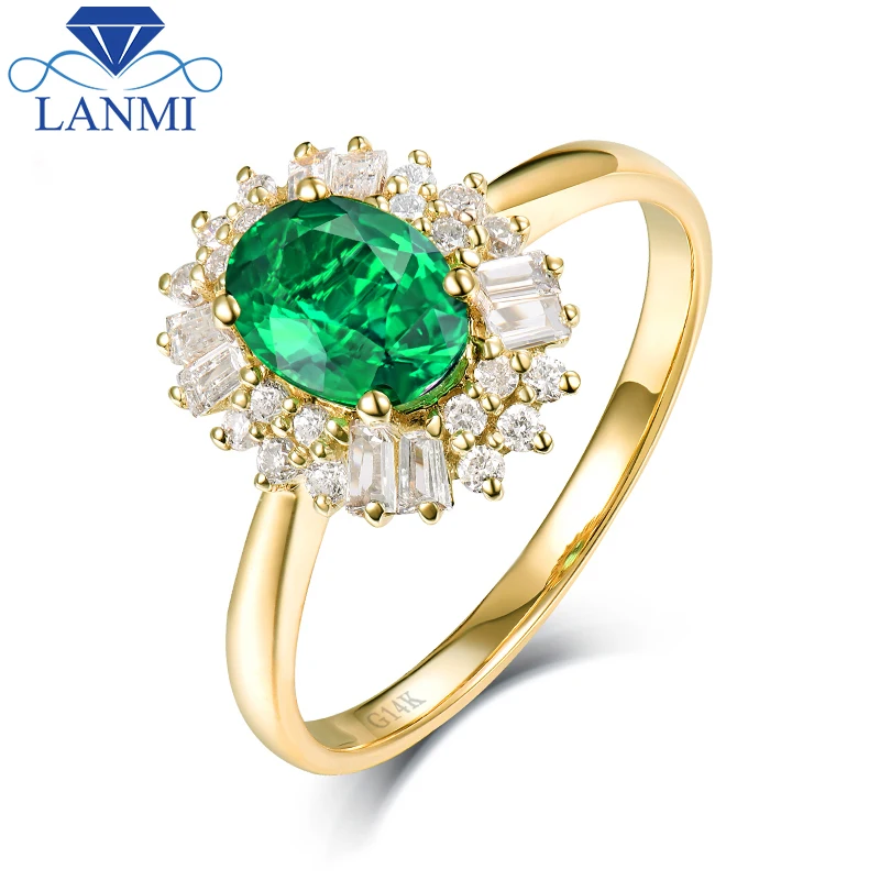 Solid 14k 585 Yellow Gold Real Diamond Flawless 5mm Round Treated Fine Jewelry Real 14k Yellow Gold Colombia Emerald Ring Natural Diamond For Men And Women Party