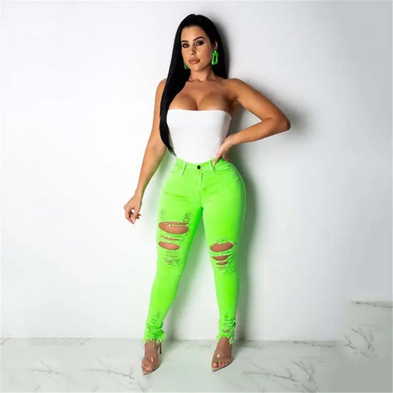 

Fashion Neon Color Skirt High Waist Skinny Denim Skirts for Women 2019 Summer Ripped Holes Tassel Jeans Skirts Saia 113