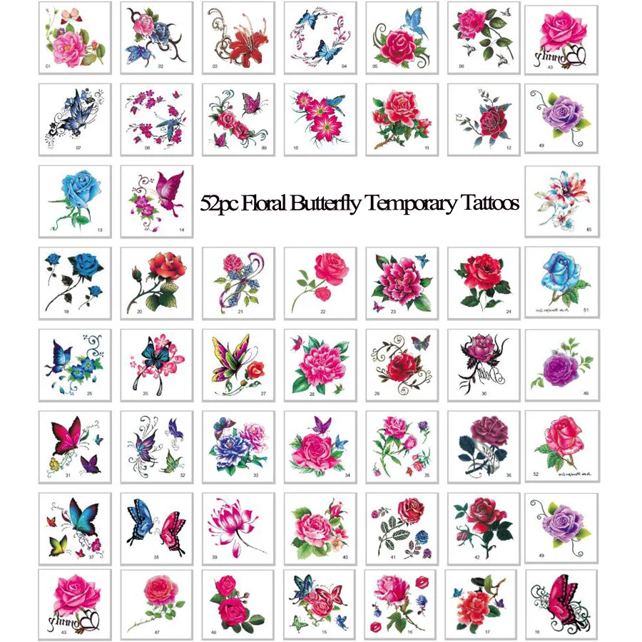 52 шт., водонепроницаемые Временные татуировки, наклейки, розы, Цветочные татуировки для боди-арта, Переводные 3D бабочки, цветы, Поддельные рукава с татуировками для женщин