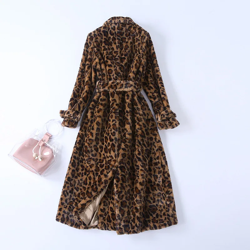 2019 Autumn winter women's leopard coat Chic soft warmth belt overcoat D953