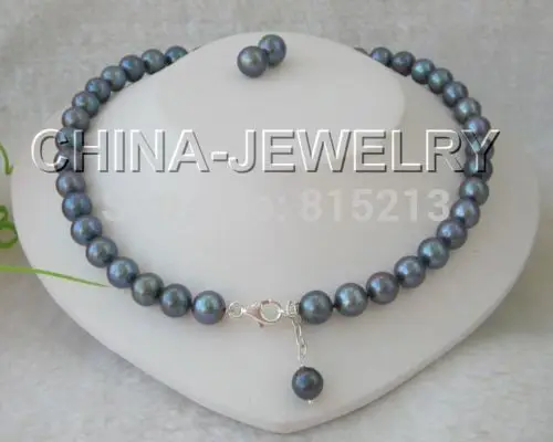 

ddh00934 9-10mm black round freshwater pearl necklace & earring-925 silver clasp
