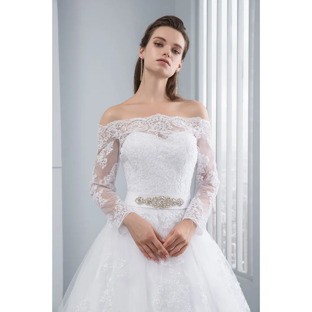 Lover Kiss Wedding Dresses Princess Lace Bridal Bride Gowns with veil robe de mariage Luxury Vintage Long Sleeves off Shoulder 5