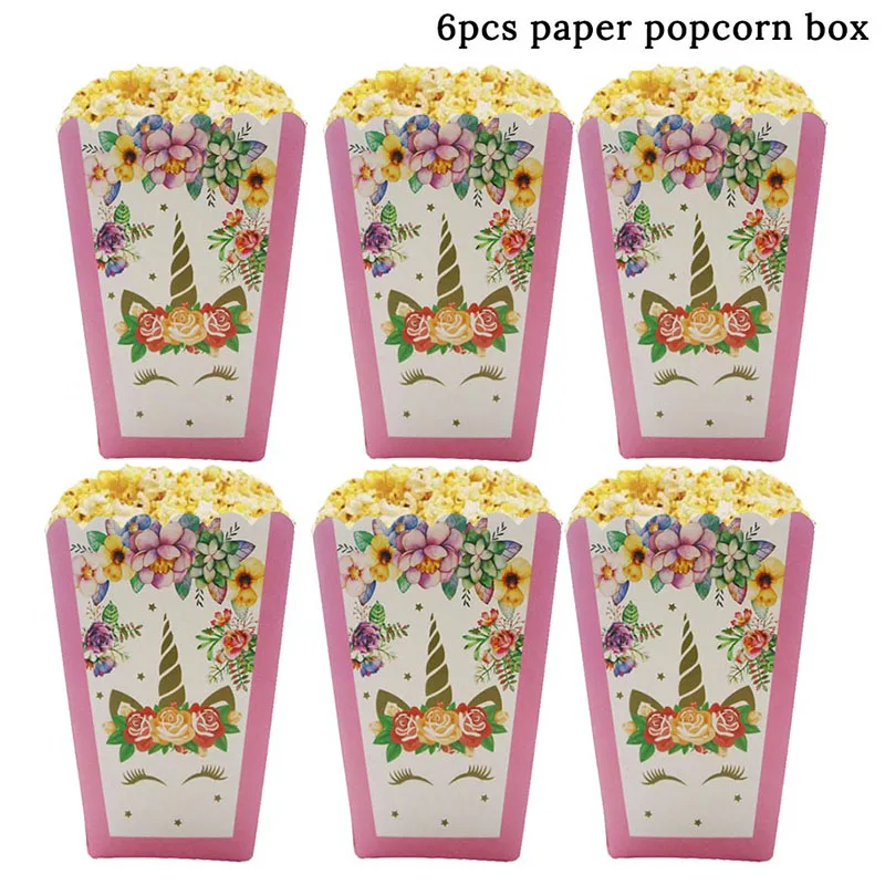 Единорог вечерние бумажные коробки для попкорна Подарочная коробка конфеты пакеты для печенья День Рождения украшения для детей подарочные пакеты для детского душа - Цвет: 6pcs  popcorn box