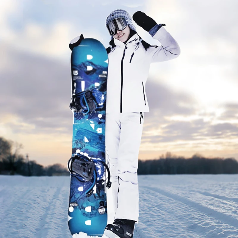 Новинка, женские лыжные костюмы для катания на лыжах, белые плотные теплые водонепроницаемые ветрозащитные зимние женские лыжные куртки и штаны, комплекты