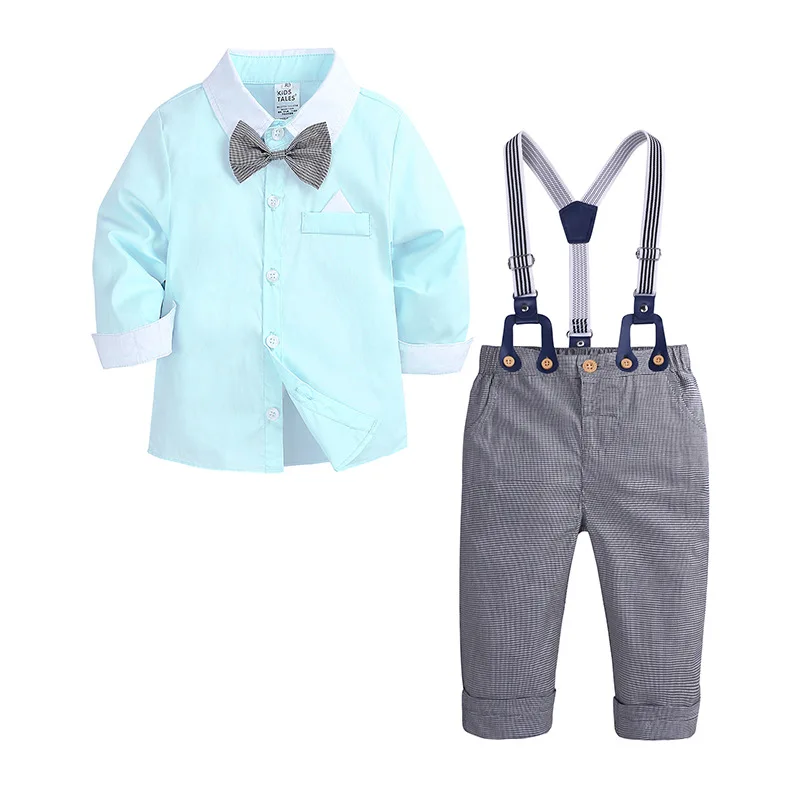 Коллекция года, весенний комплект одежды для маленьких мальчиков, Повседневные детские костюмы для мальчиков хлопковая рубашка с бабочкой+ штаны с лямками, комплекты детской одежды, 2 цвета