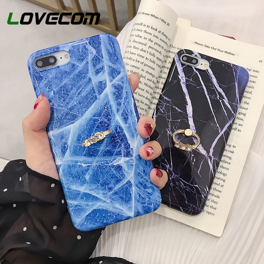 

LOVECOM Classic Black Blue Line Marble Case Finger Ring Kickstand Holder For iPhone X XS XS Max XR 6S 7 8 Plus Protector Cover