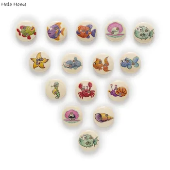 

50pcs 2 Hole Marine life Round Wood Buttons Clothing Home Decor Sewing Scrapbooking Aquatic Creatures DIY 15mm