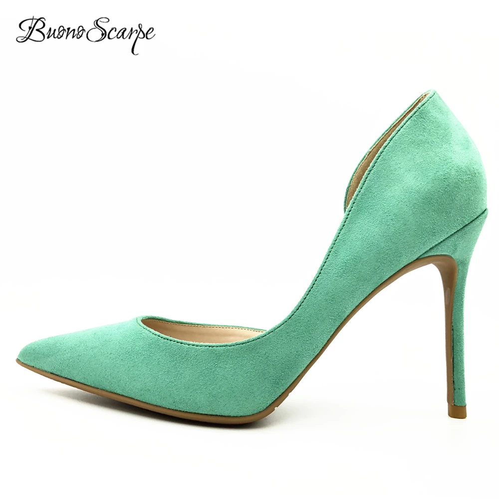 

Buono Scarpe Shallow Mouth Stiletto Women High Heel Pumps Sexy Pointed Tie Green Heels Lady Elegant Side Open Heels Size32~46EU