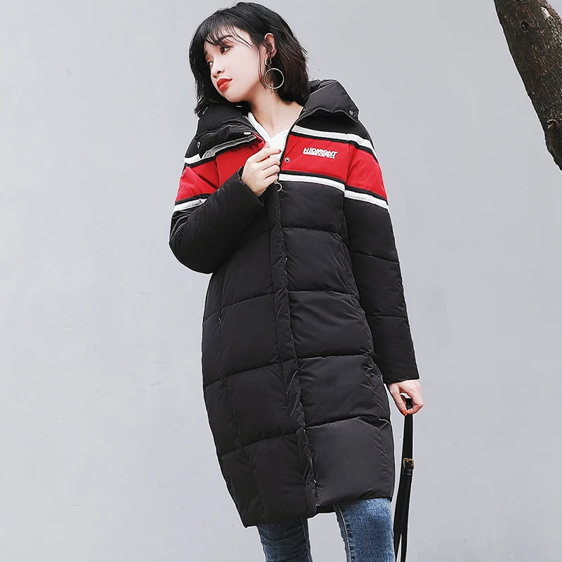 Hiver Coton Femmes Rouge Lettre Rayé Doublure Couple Nouveau Noir Noir rouge Dames Manteaux Veste Imprimer Zipper 2018 Rembourré Femme Épais Parka SzZqFw5Zn