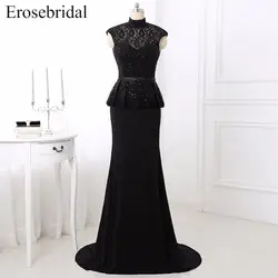 Черные вечерние платья трапециевидной формы с высоким вырезом и блестками, Длинные вечерние платья без рукавов с коротким шлейфом, vestido de