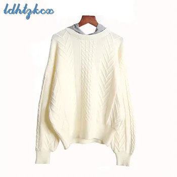 

Casual Sweater Women Pink Loose Long Sleeve Pullover Sweaters 2018 Autumn Winter Korean New O Neck Knitted Hooded Sweaters CX504
