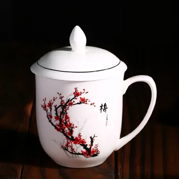 

Office tea cup Ceramic Mug with lid Conference water cup Home China style Thermosmug hand-painted Chinese style flower tea Mug