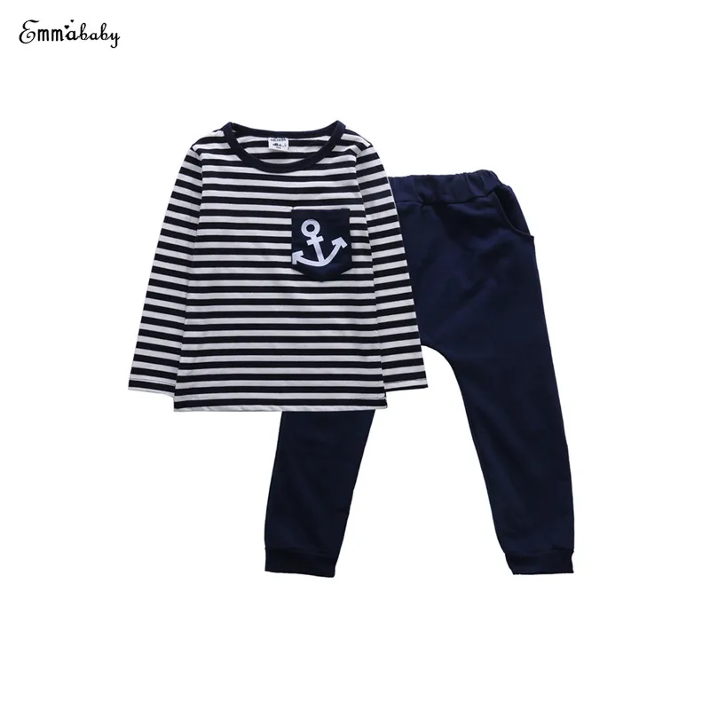 

Newborn Baby Boys Long Sleeve O-Neck Pullover Striped Shirt Tops Pants 2PCS Outfit Autumn Sunsuit Kids Clothing Sets 2-8Y