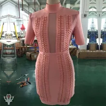 HOT Top Quality 2 Colors Celebrity Short Sleeve Mesh Hollow Out Rayon Bandage Dress Cute Cocktail