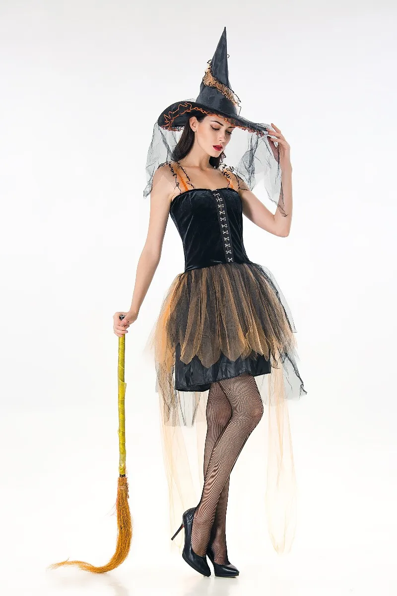 Хорошее качество сексуальная ведьма Хеллоуин костюм цельнокроеное платье с кружевом Золотой юбка и кружева Кепки шляпа Для женщин Косплэй