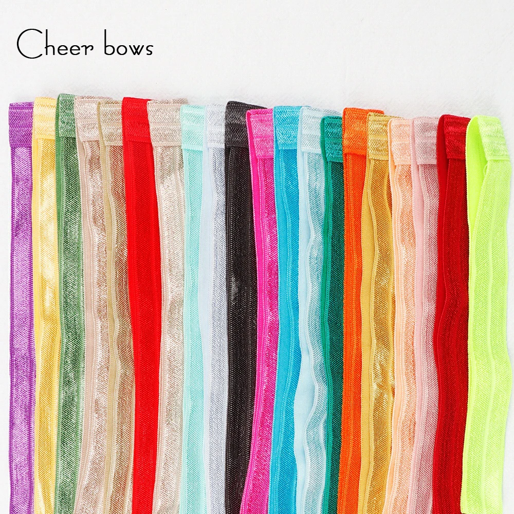 

Cheer bow 40pcs Solid Color Cheap Shiny Fold Over Elastic FOE Spandex Band Kids Hair Tie Headband Dress Lace Trim Sewing 15mm