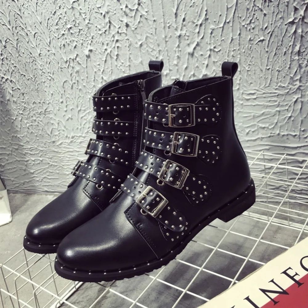 

GOXPACER Autumn Martin Boots Rivets Boots Women Shoes Women Low Heel Metal Buckle Round Toe Female Fashion Plus Size Ankle Boots