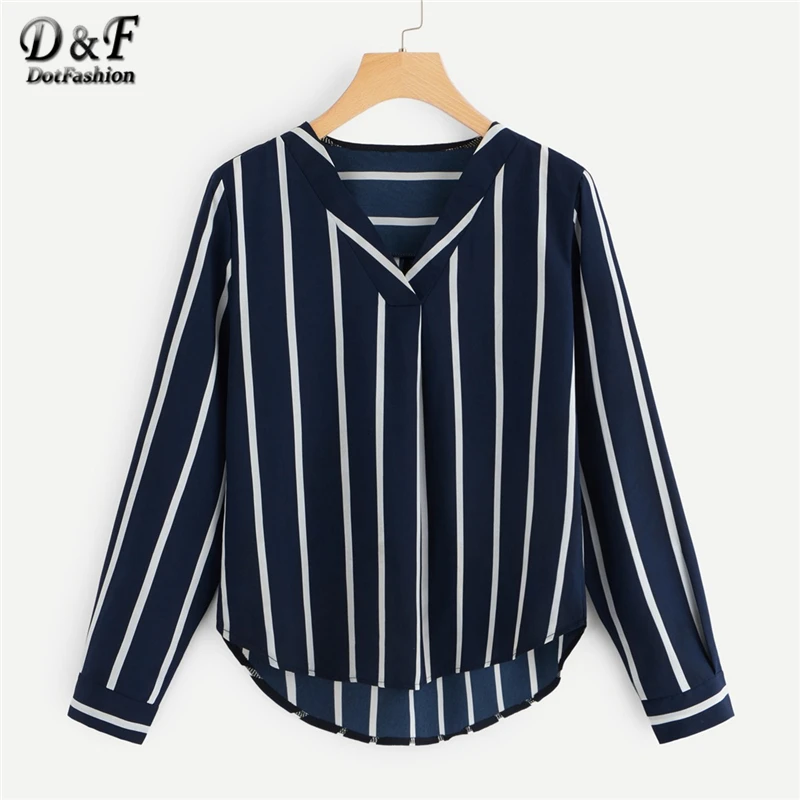 

Dotfashion Navy V Neck Striped Asymmetrical Womens Tops and Blouses For Woman 2019 New Casual Spring Autumn Long Sleeve Shirt