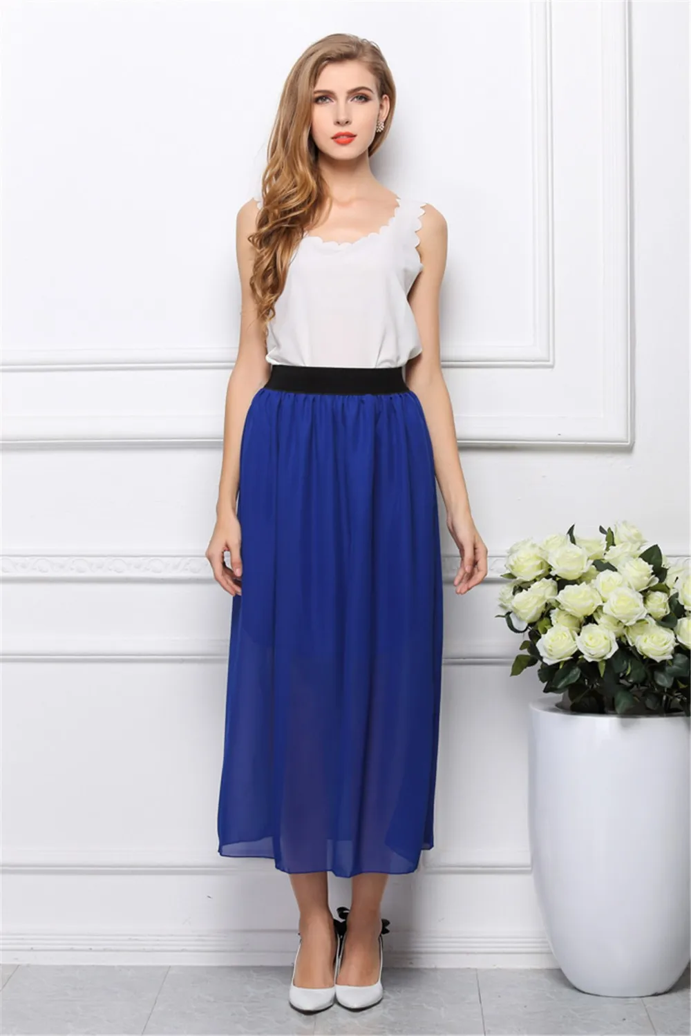 Mainland Summer Style Long Skirt Solid Ankle Length Pleated Natural Chiffon Maxi Shirt Beach Boho Vintage Skirts Faldas Saia (7)
