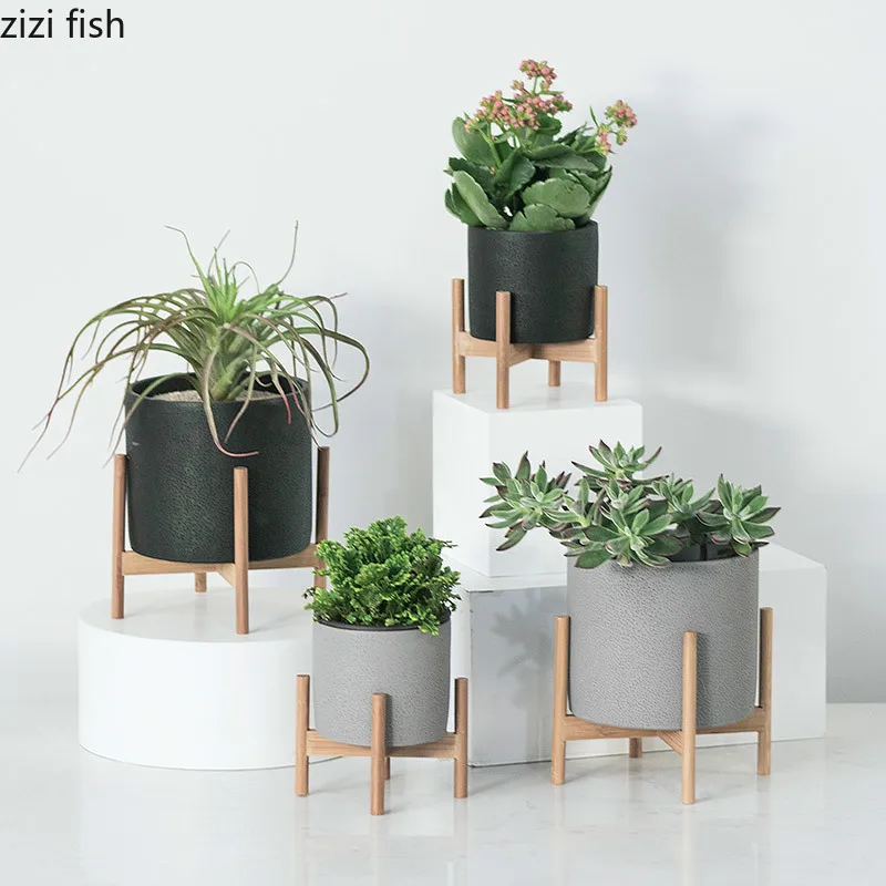 

Nordic Style Cement Flower Pot Wood Rack Holder Succulent Planter Plant Pot Garden Flowerpot Set Home Decor Vases