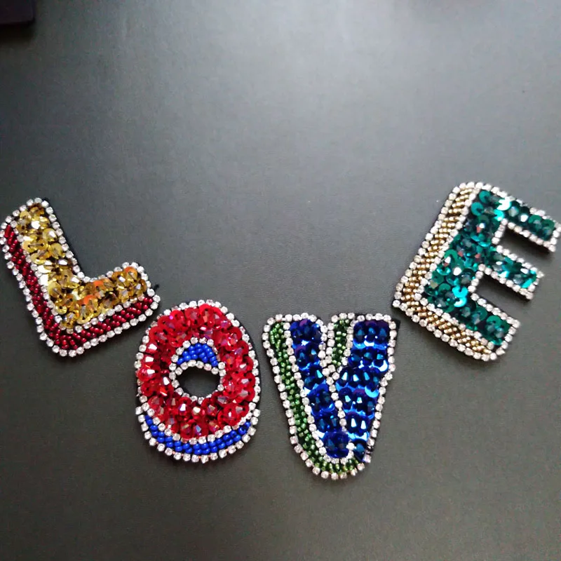 Handmade Love Letter rhinestone beaded patches for clothing DIY