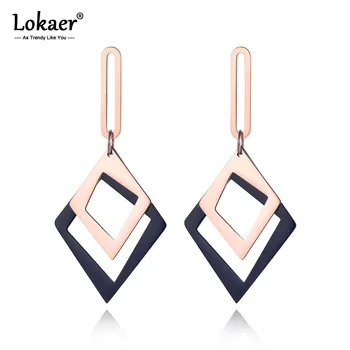 Lokaer Trendy Double Layer Stainless Steel Geometry Earrings For Women Black/Rose Gold OL Style Ear Jewelry Wedding Gift E19062