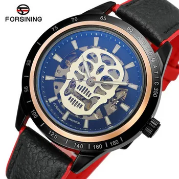 

Forsining Black Blue Genuine Leather Sport Racing Adventure Series Skull Men's Automatic Watch Top Brand Luxury Water Resistant