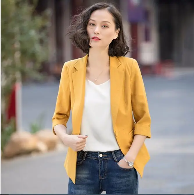 

2018 Fashion Summer Solid Yellow Cotton women's Half sleeve Jacket slim business office ladies formal Blazer Top Quality Blazers