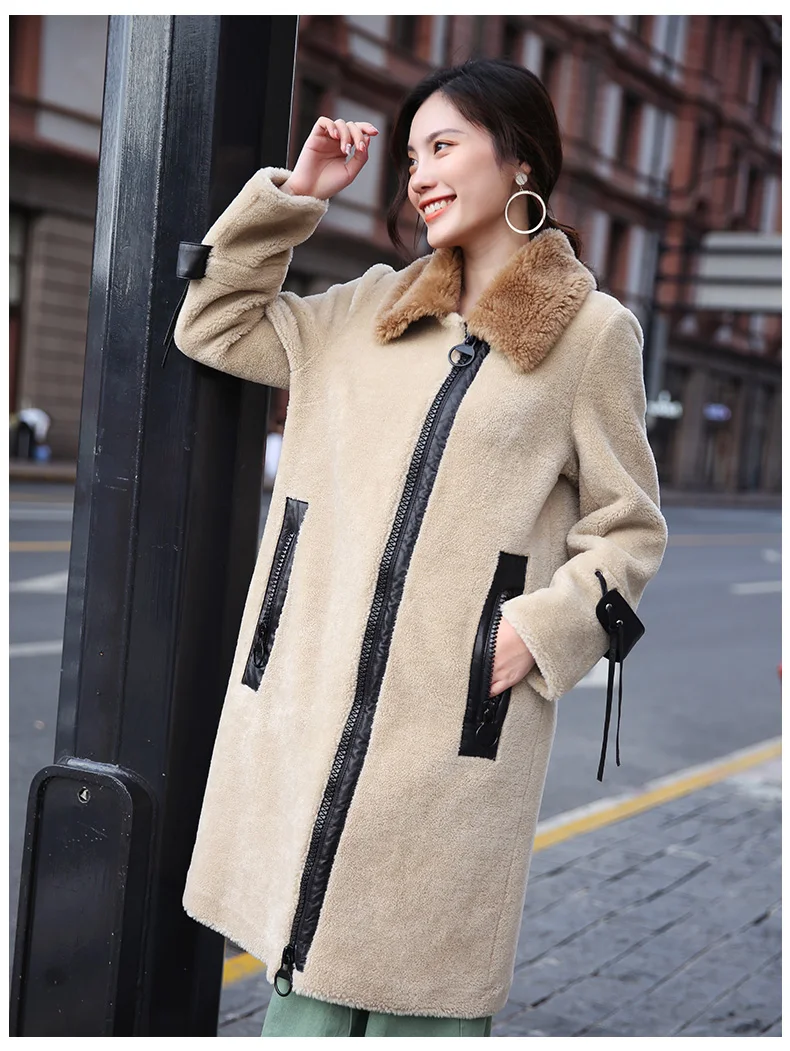 beige Шерстяное пальто, осенне-зимняя куртка, женская одежда,, корейское пальто с натуральным мехом, овчина, длинные пальто, манто, Femme Hiver ZT1351 - Цвет: beige